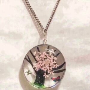 Pink Pressed Flower Glass Pendant Necklace